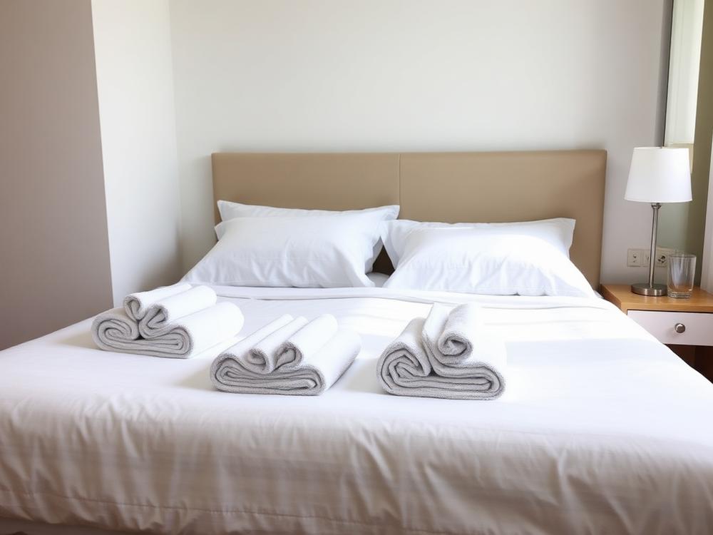 Freshly made short term rental bed with folded towels after a turnover clean