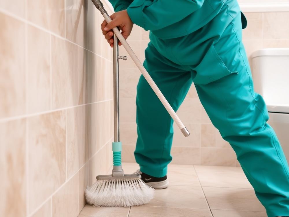 Cleaner in teal uniform scrubbing bathroom tile during a deep clean