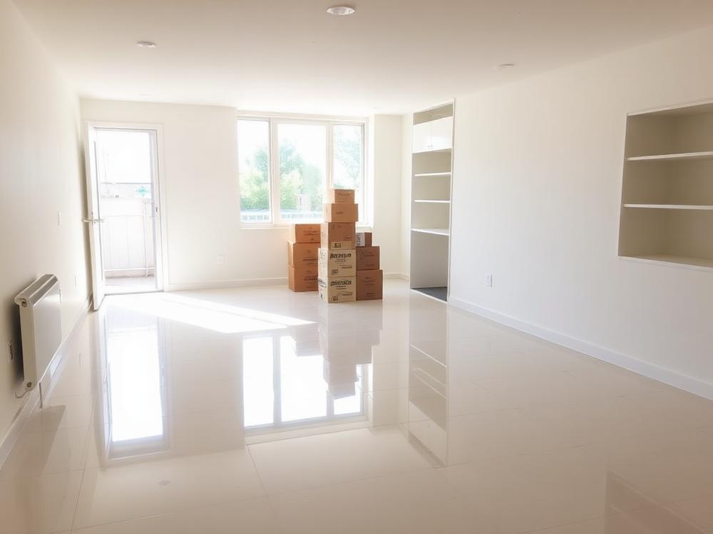 Empty apartment with gleaming floors and moving boxes after a move out clean