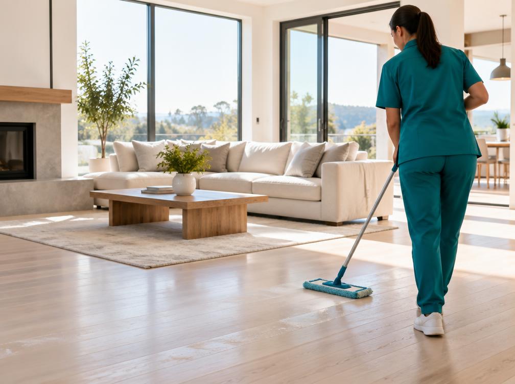 Cleaner in teal uniform mopping a bright living room after construction